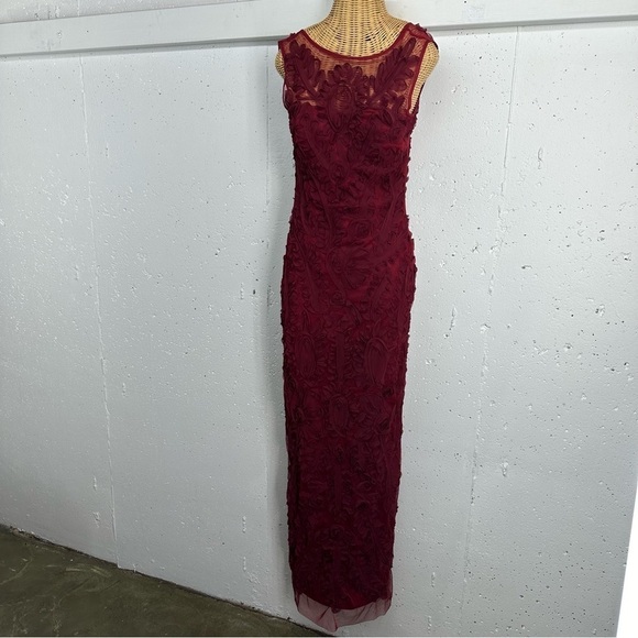 JS Collections Women's size 4 Ruby Red Chiffon Soutache Mesh Column Maxi Dress - Picture 3 of 17